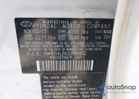 2018 Hyundai Elantra Sport z USA, uszkodzony, nr VIN KMHD04LBXJU588422